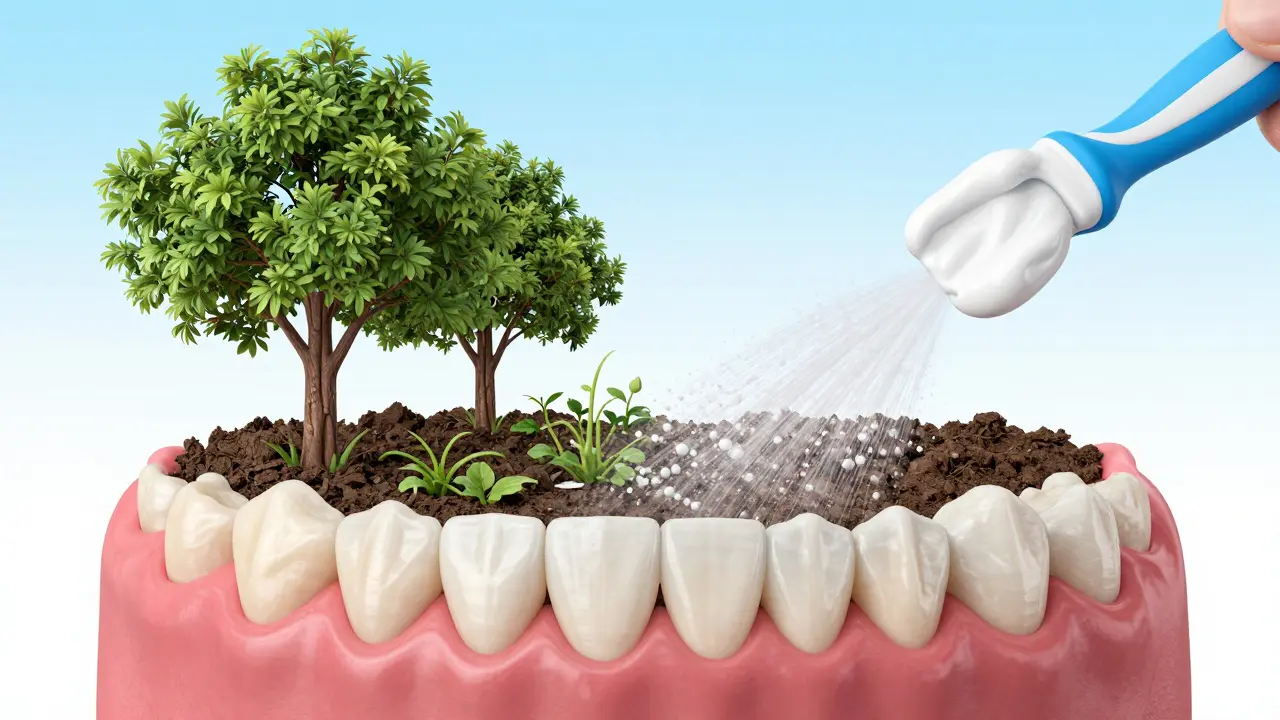 Koncepční obraz úst jako zahrady, kde pískování odstraňuje špínu a fluorid ji nourí.