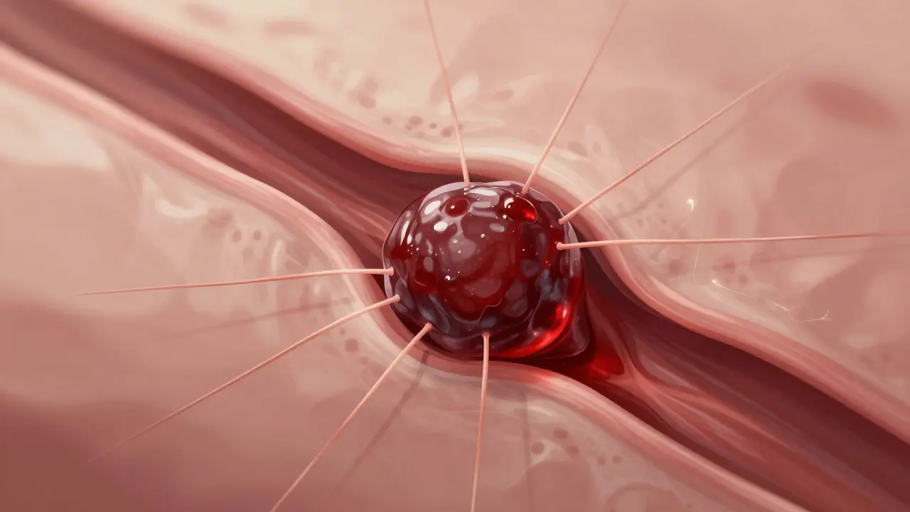 Krevní sraženina v jamce zubu s příznaky hojení tkáně.