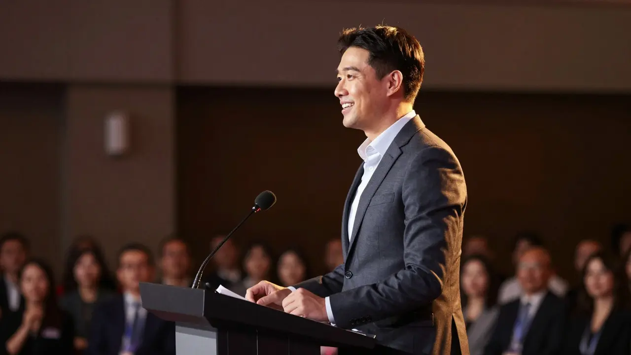 Manažer mluví z pódia před publikem