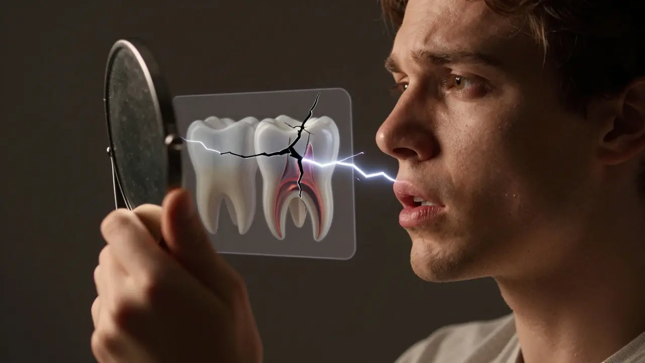 Osoba hledí do zrcadla, zatímco na zubu roste prasklina.