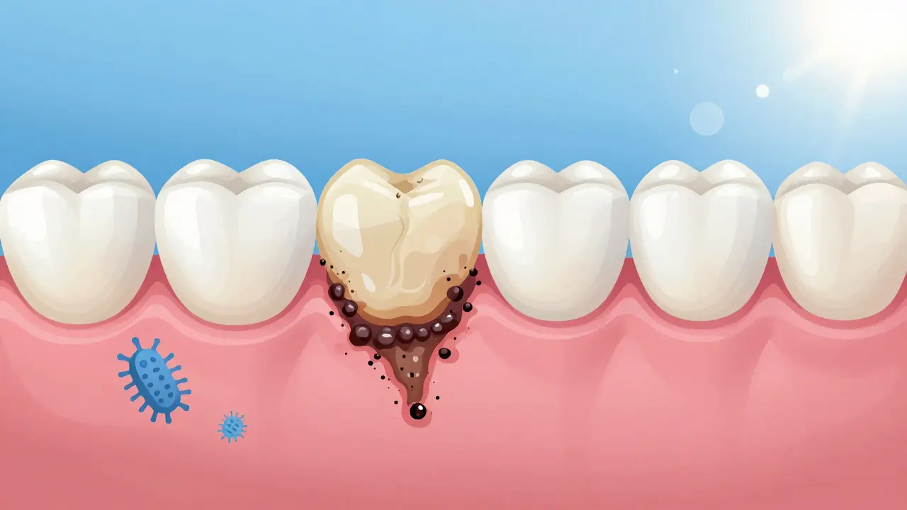 Porovnání zubního kamene a čistého zubu: špína na jedné straně, lesklá sklovina na druhé.