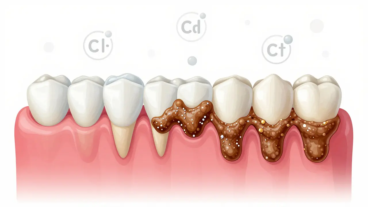 Postupné tvrdnutí zubního plaku na zubech do tvrdého zubního kamene podél dásní.
