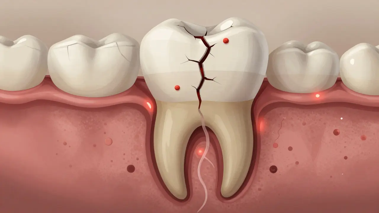 Příčný řez zubem s prasklinou a bakteriální cestou k nervu.