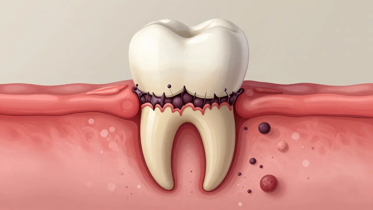 Řez zubním kořenem s kamenem a ztrátou kosti, symbolizující skryté poškození.
