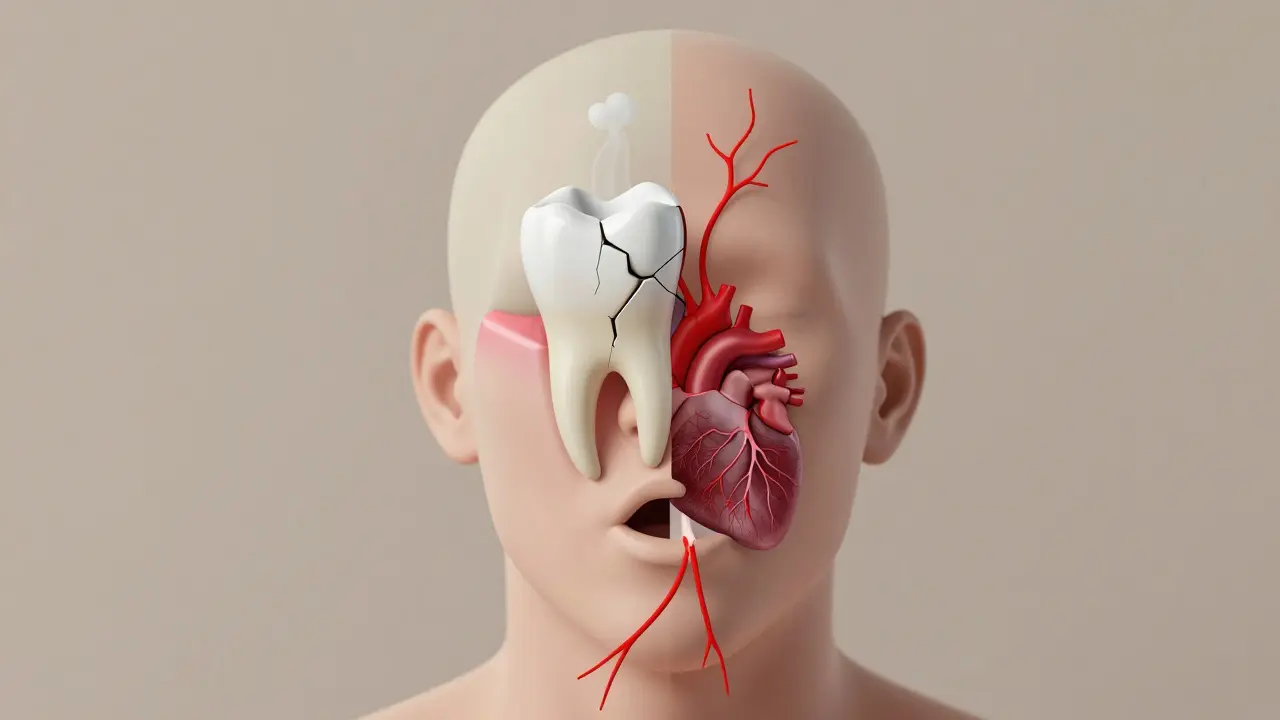 Rozdělená hlava: zdravý zub na jedné straně, prasklina s infekcí šířící se do hrtanu a srdce na druhé.