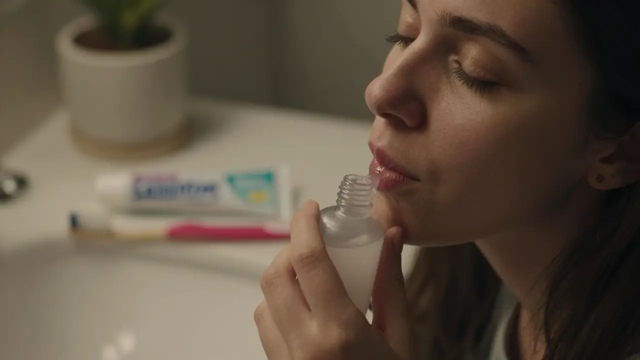 Ruka drží fluoridový rtyň a jemně ho pláchnou do úst ve tmě.