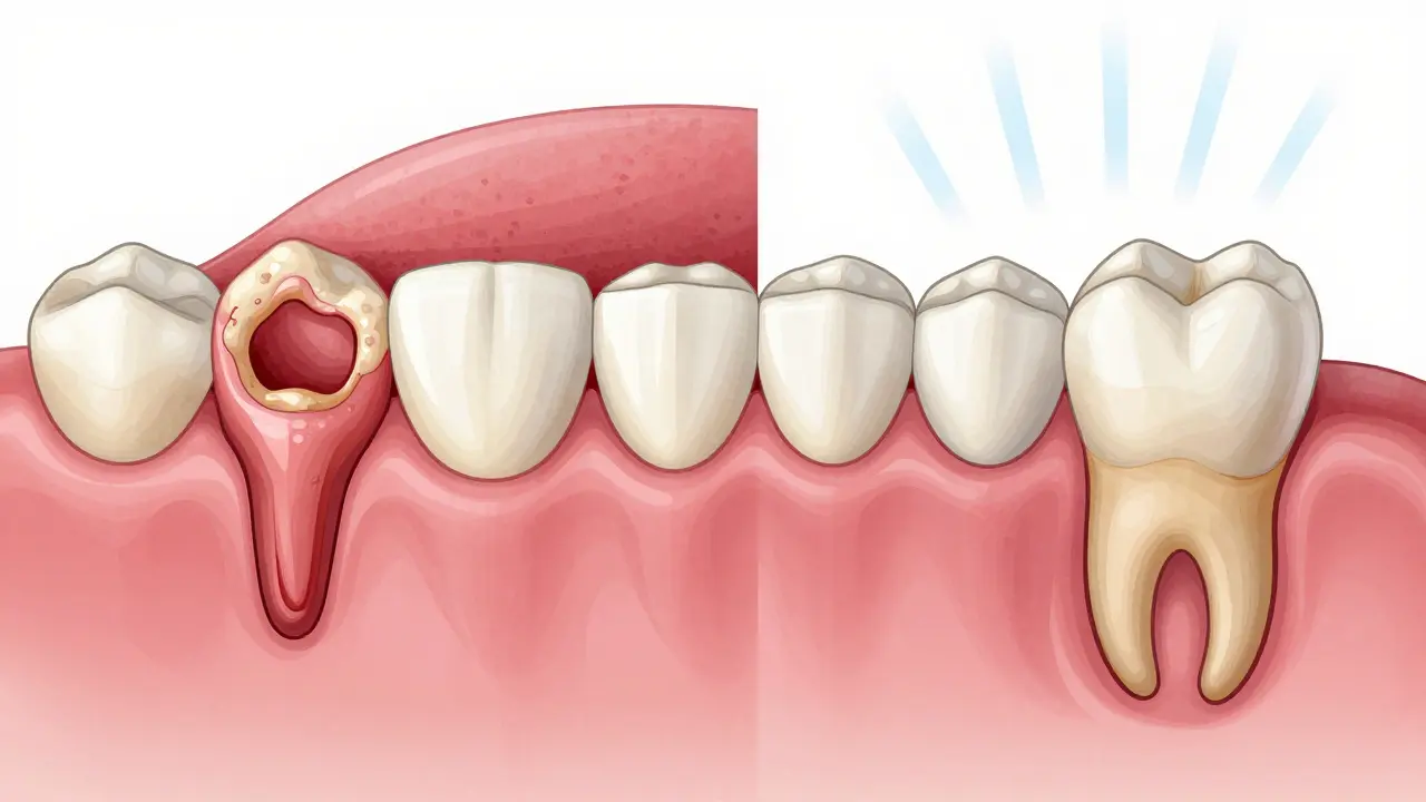 Side-by-side comparison of inflamed gums with plaque buildup and healthy gums after treatment.