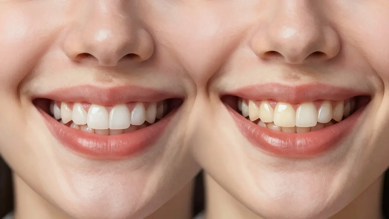 Side-by-side comparison of natural-looking and degraded composite veneers on front teeth.
