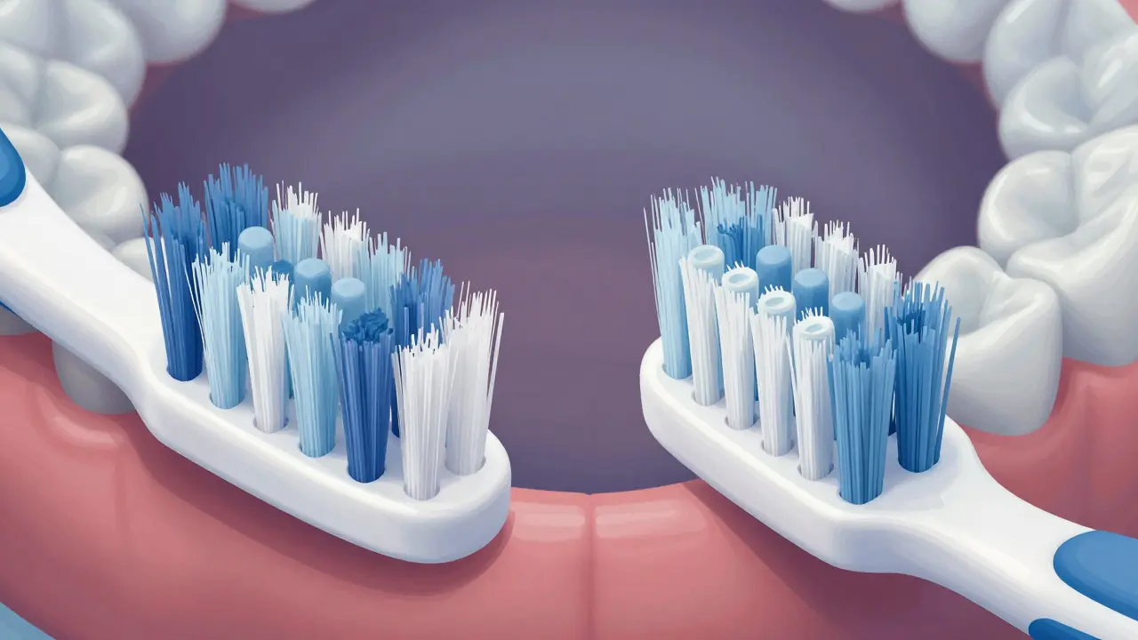Srovnání běžného kartáčku s poškozenými štětinami a Curaproxu s jemnými štětinami mezi zuby.
