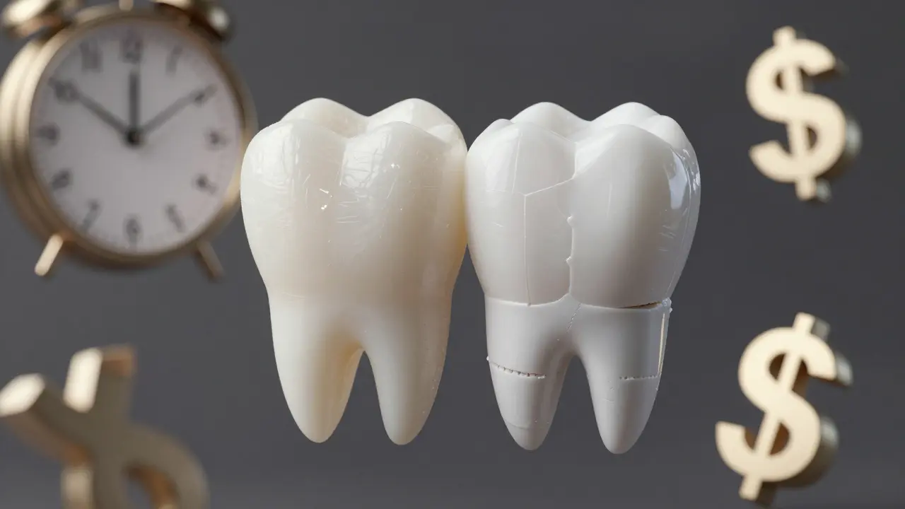 Two teeth side by side: one with realistic enamel texture, the other dull and artificial.
