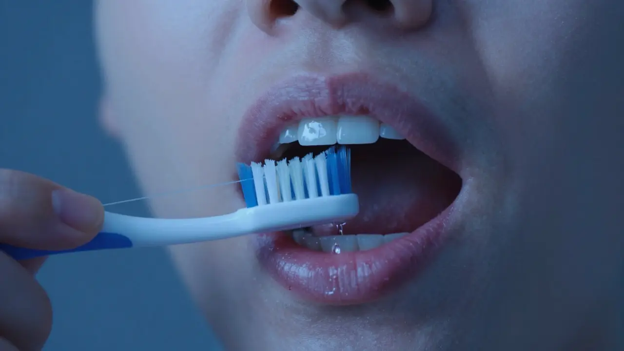 Večerní hygiena úst s kartáčkem, nití a vodou jako ochranou před návratem kamene.