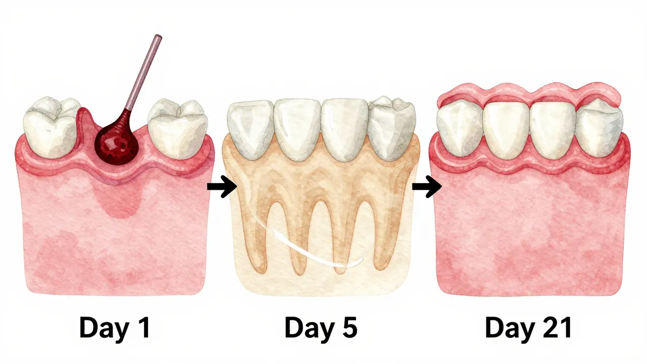 Vizualizace tří fází hojení po vytržení zubu: krevní sraženina, granulační tkáň a kost.