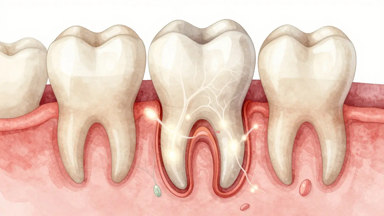 Vnitřní proces hojení po vytržení zubu, nová tkáň zakrývá ránu.