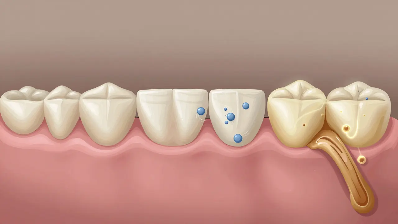 Vývoj plaku v zubní kámen – od měkkého nánosu k tvrdému vápenatému usazení.