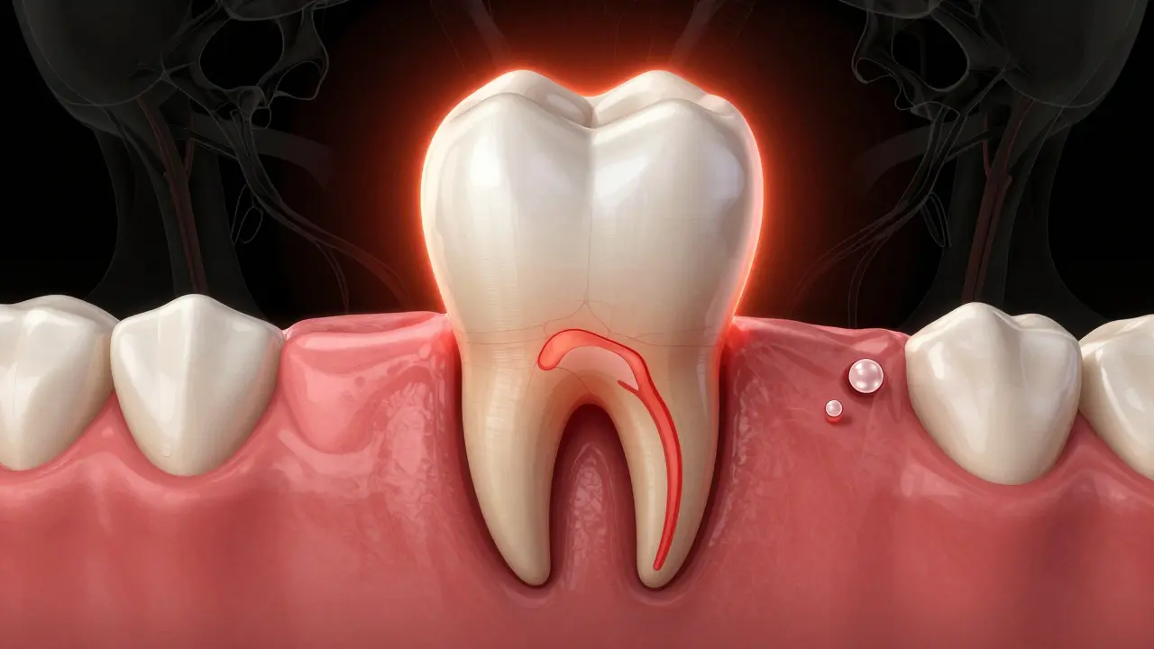 Zánět v kořeni předního zubu s hnisem na dásni a rozšířenou infekcí.