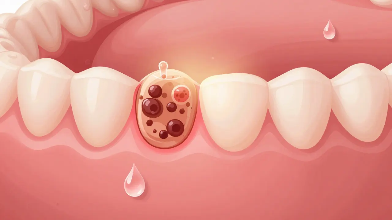 Zdravé dásně se hojí po odstranění zubního kamene s vodou jako symbolem hojení.