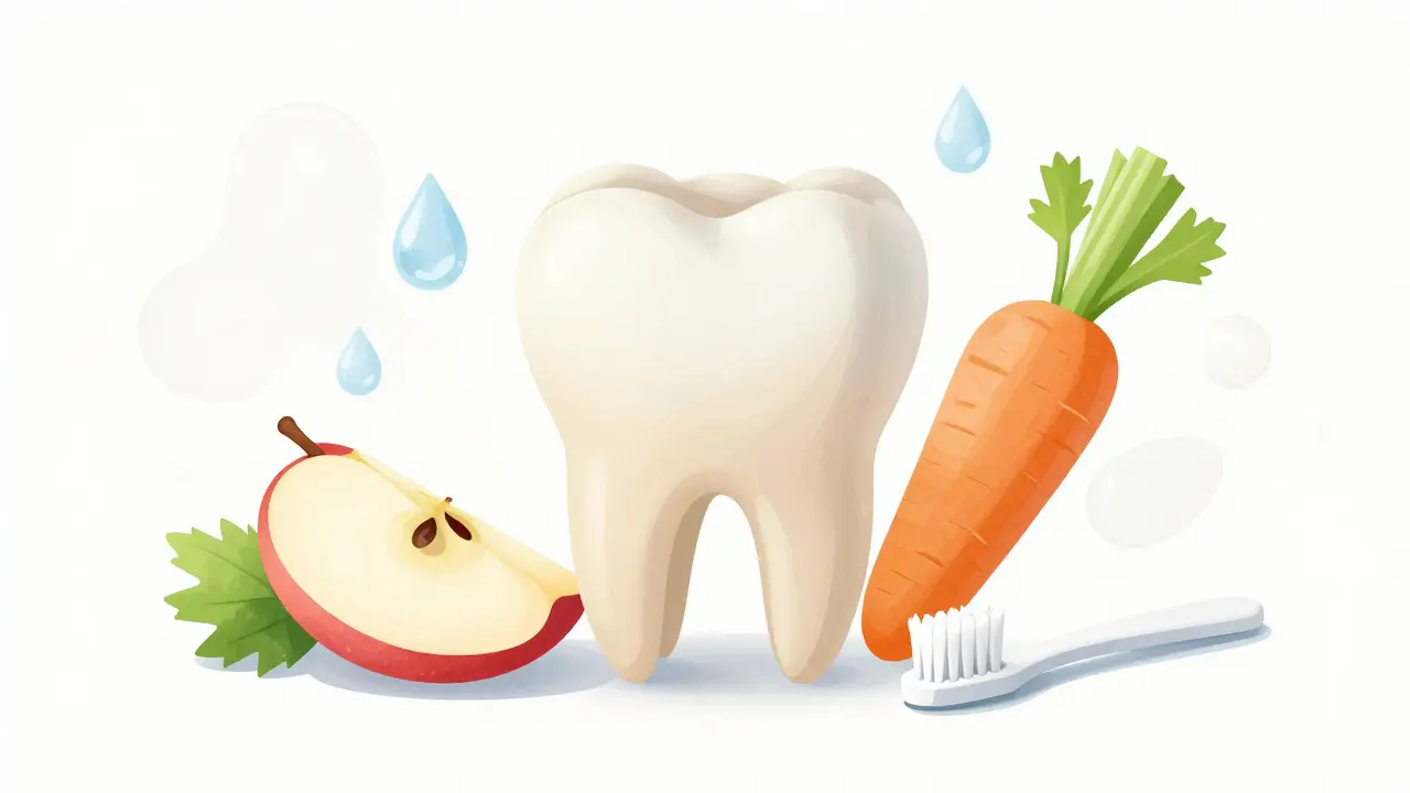 Zdravé zuby s přirozenými potravinami a kartáčkem, symbolizující denní péči bez bělení.