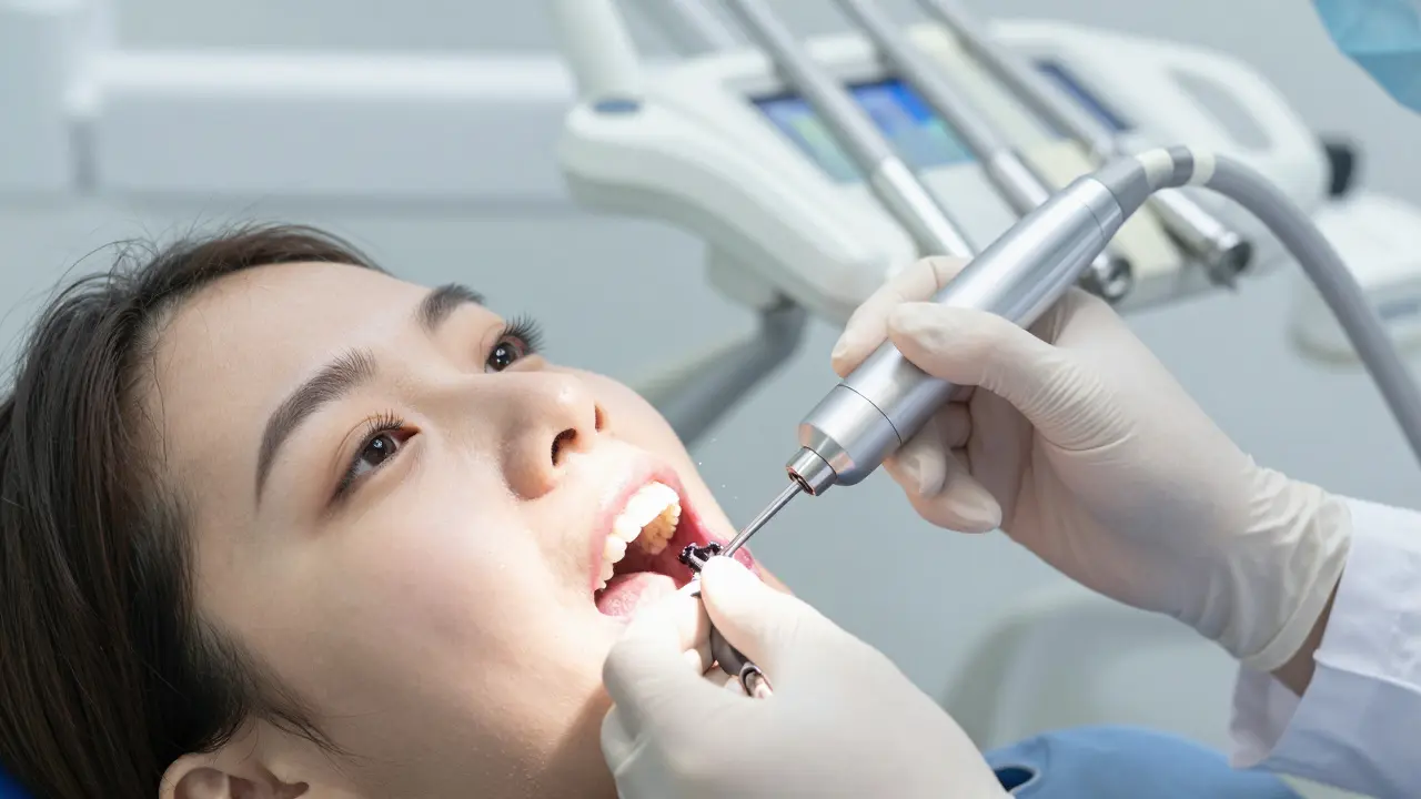 Zubní lékař odstraňuje zubní kámen ultrazvukovým přístrojem.