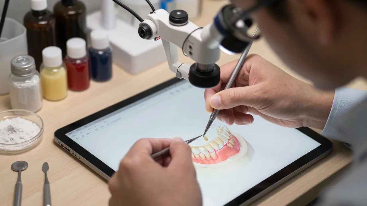 Zubní technik v laboratoři vyrábí přizpůsobenou keramickou fazetu s pomocí digitálního modelu