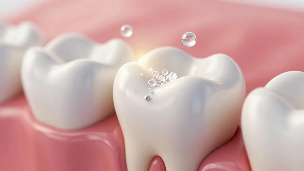 Zvětšený pohled na zubní dentin s uzavřenými trubičkami pomocí látek z pasty.