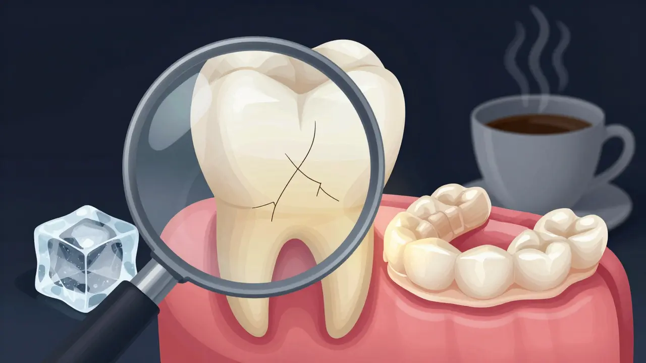 Zvětšený pohled na zubní sklovinu s jemnými prasklinami a noční ochrannou plotnou.