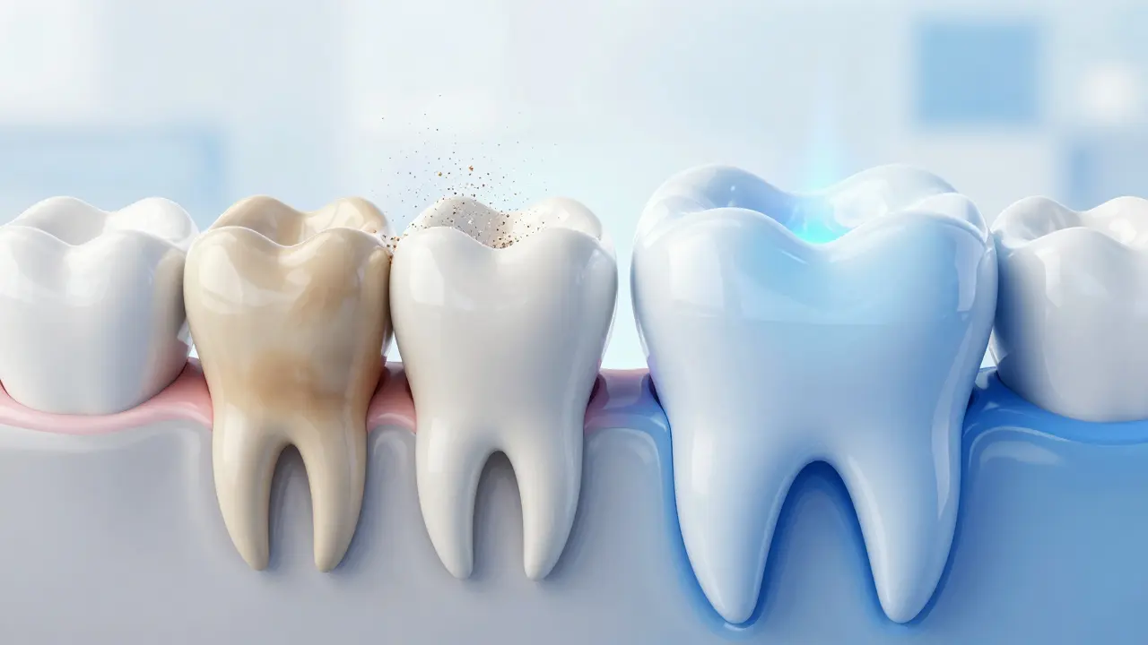 3D ilustrace mechanismu bělení zubů: odstranění povrchových skvrn a chemické působení.