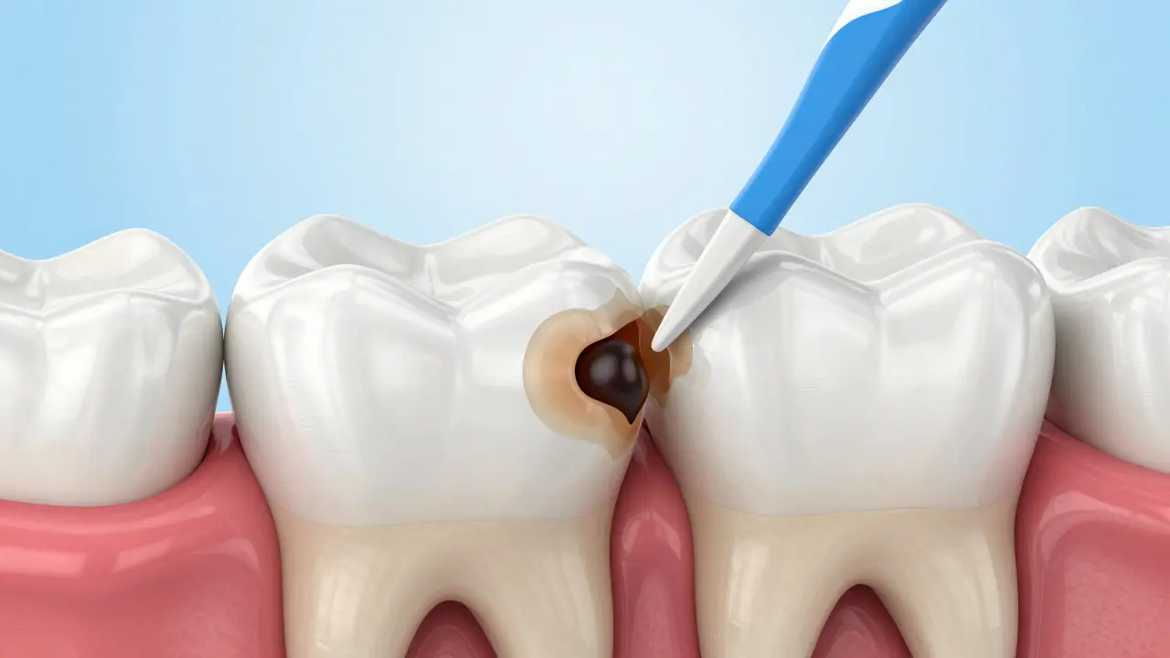 3D ilustrace mezizubního kazu s použitím mezizubního kartáčku.