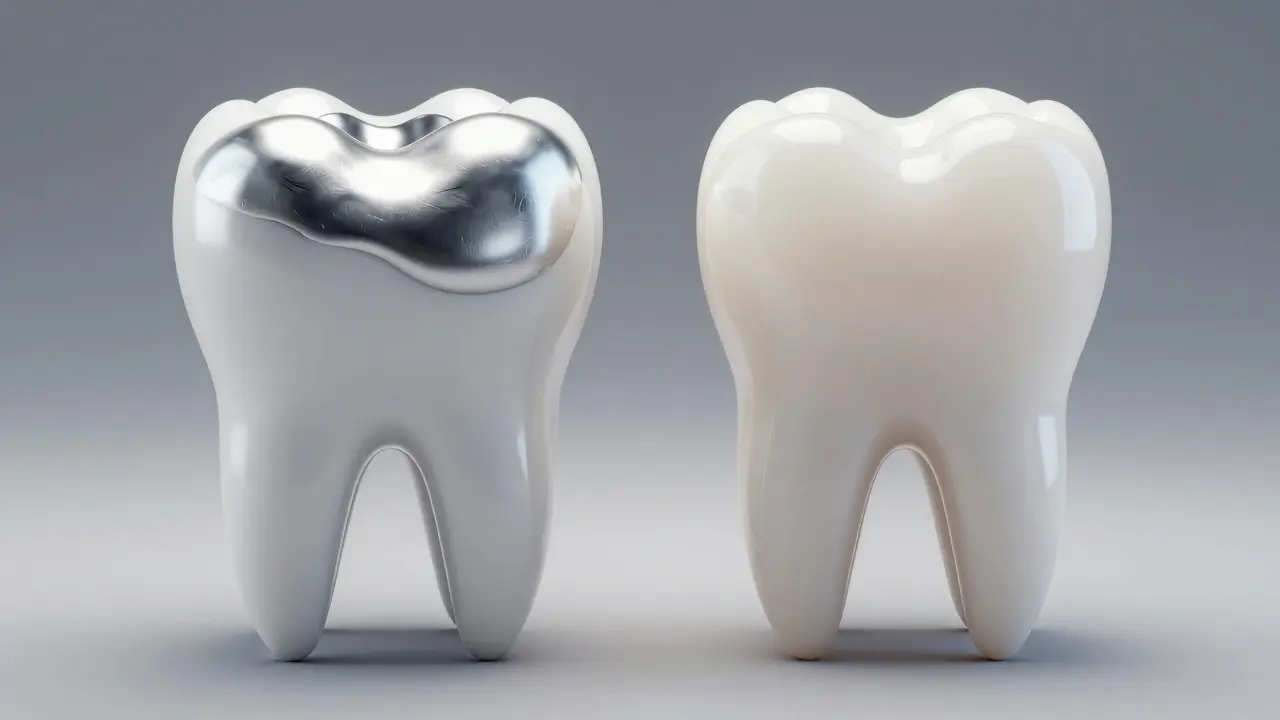 3D model moláru srovnávající stříbrnou plombu a bílou kompozitní výplň.