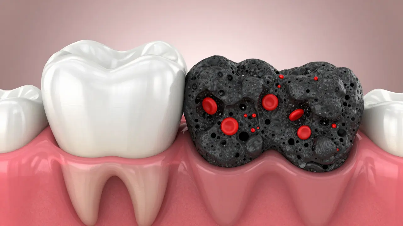 3D vizualizace černého zubního kamene pod dásní s krevními pigmenty.