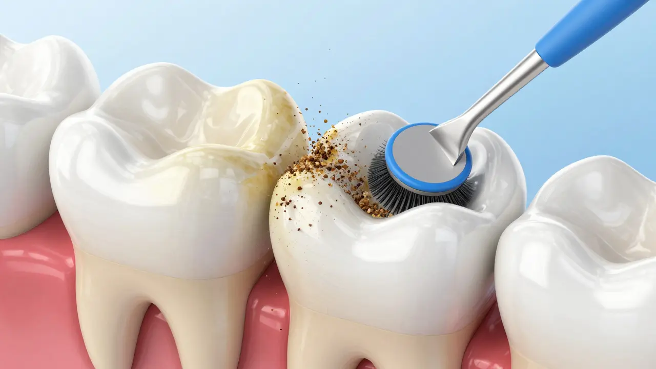3D vizualizace čištění povrchu zubu a odstraňování žlutých nánosů.