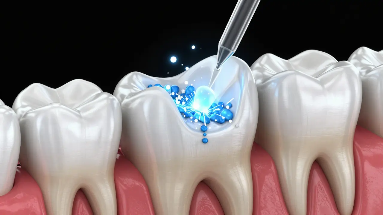3D vizualizace účinku bělicího gelu pronikajícího do skloviny zubu.