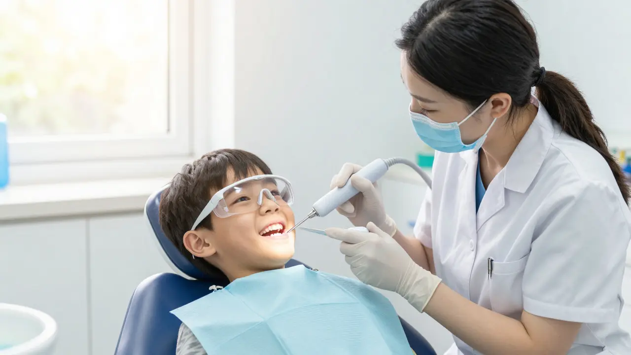 Dentální hygienistka provádí u dítěte bezbolestné čištění metodou Airflow