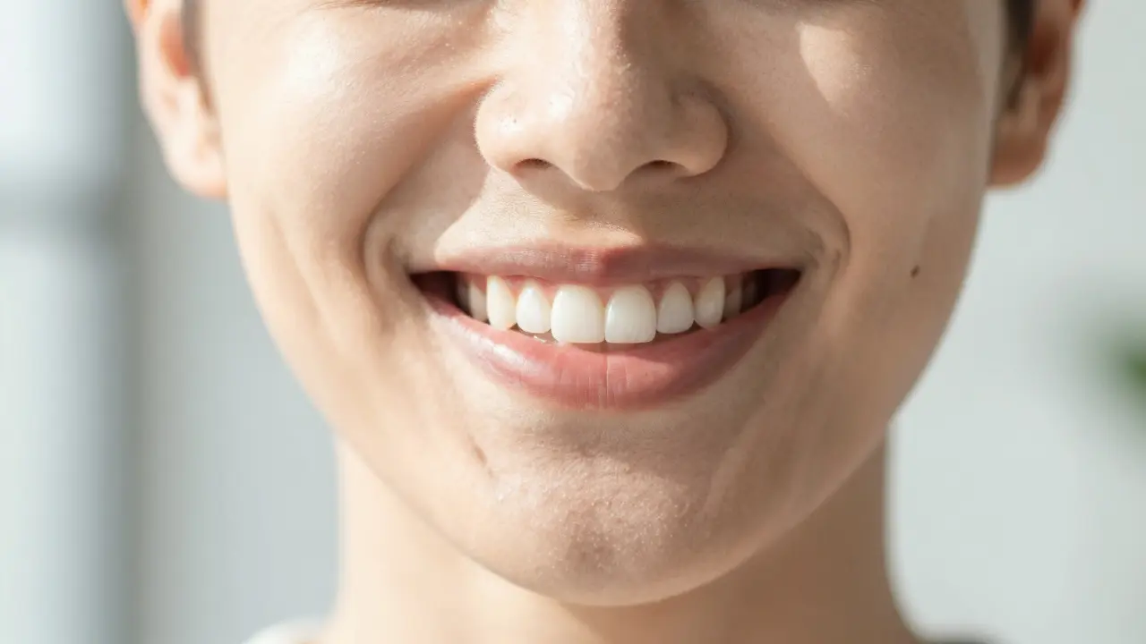 Detail šťastného úsměvu s zdravými a bílými zuby.