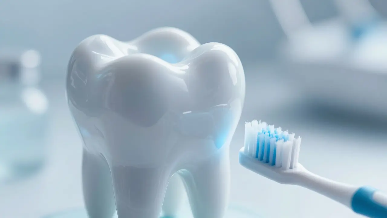 Detail stmýkacího zubu s vyzdvihnutými rýhami a pomůckami pro zubní hygienu.