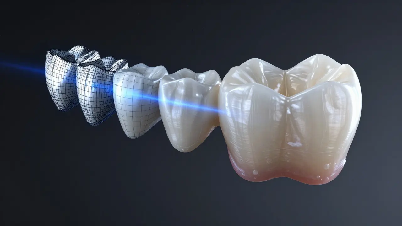 Digitální model a celokeramická korunka s přirozenou průsvitností.