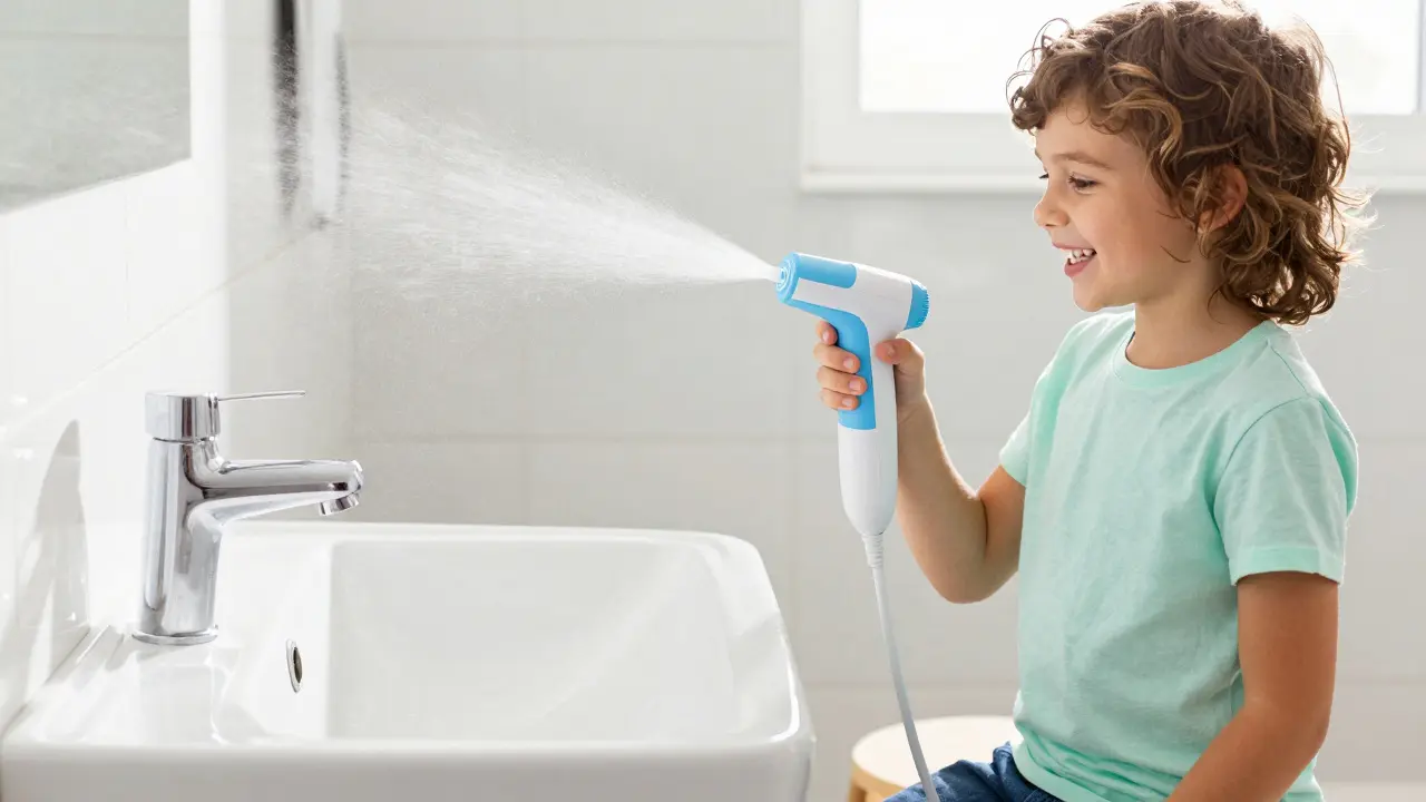 Dítě používající stříkací hubici na vody pro hygienu ústní dutiny.