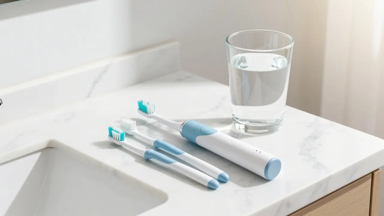 Elektrický kartáček a mezizubní pomůcky na mramorovém povrchu v jasném světle.