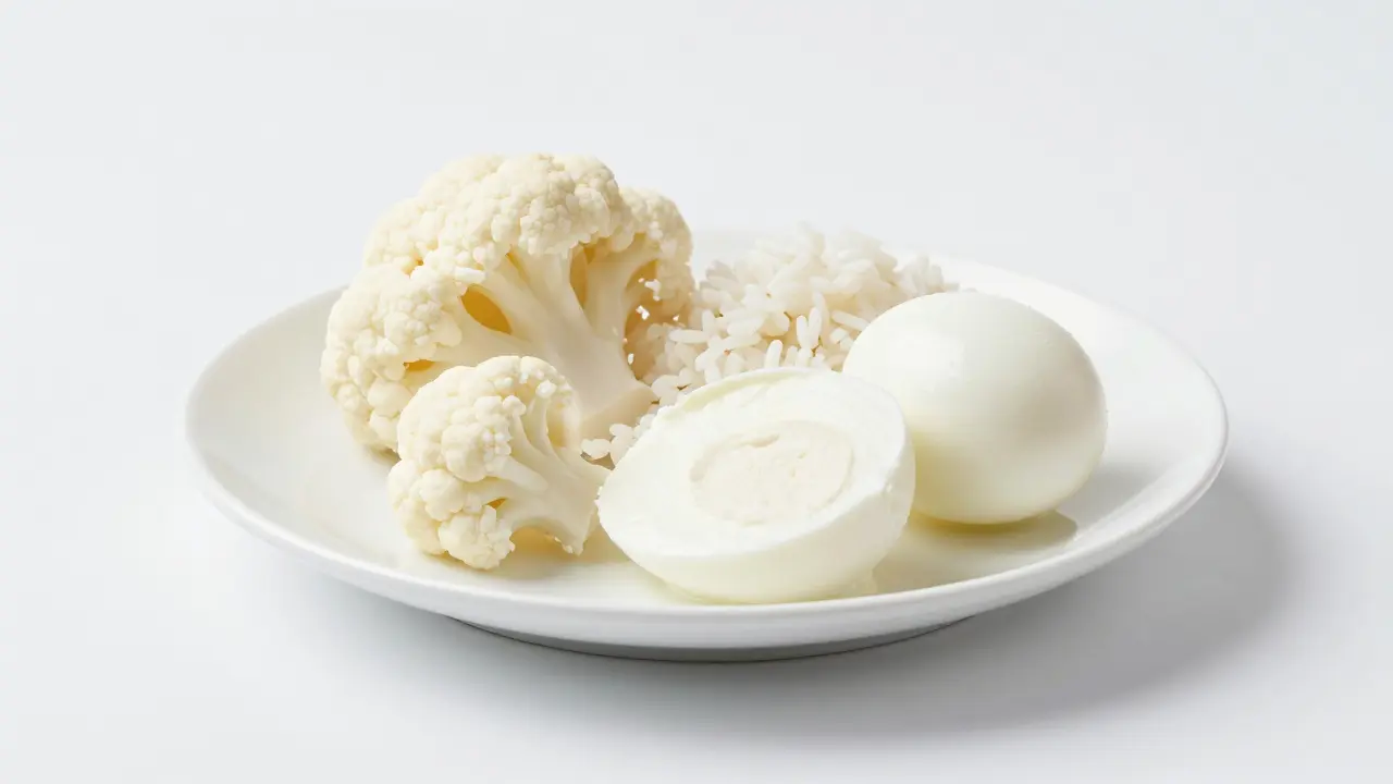 Kolaž bílých potravin na bílém talíři reprezentující bílou dietu.