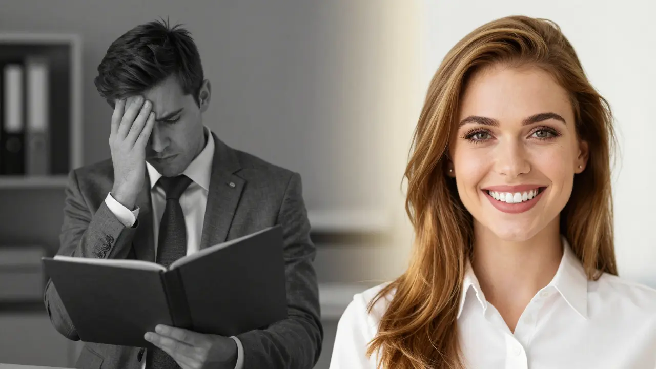 Kolaž znázornující přechod od sociální úzkosti a nejistoty k sebevědomému a radostnému úsměvu.