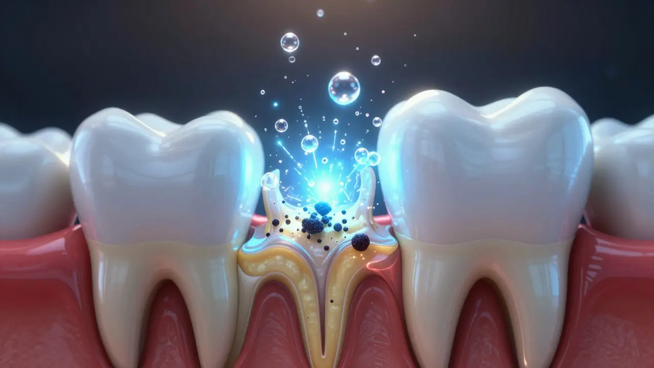 Koncepční zobrazení pronikání bělící látky sklovina do dentinu zubu.