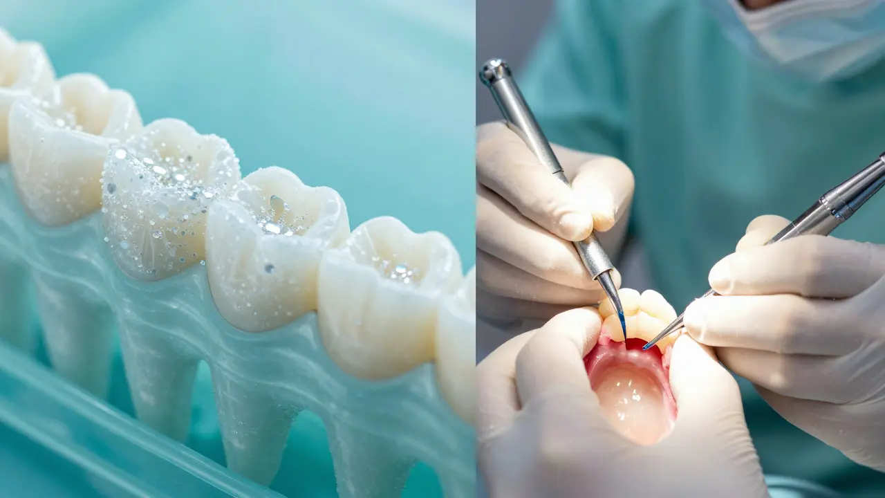 Konceptuální obraz remineralizace skloviny fluoridem a zubní plomby.