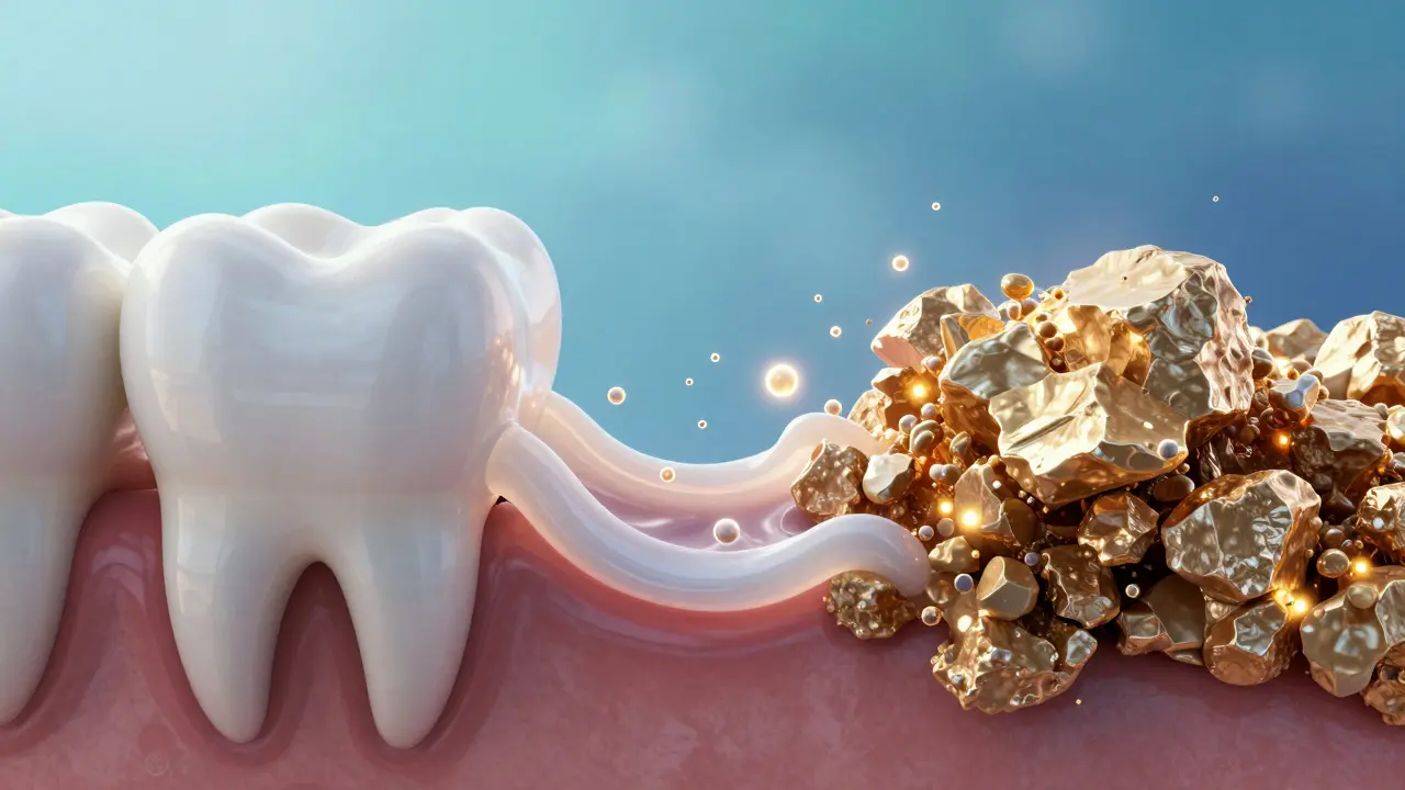Konceptuální znázornění přeměny zubního plaku na tvrdý zubní kámen