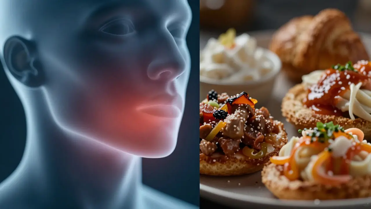 Konceptuální zobrazení znecitlivěné čelisti po anestezii a lákavých potravin.