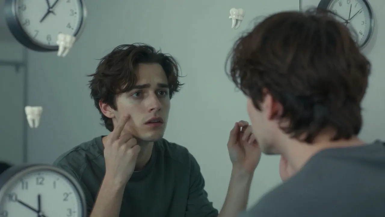 Kresba člověka hledícího do zrcadla, kde vidí fragmenty různých tváří.