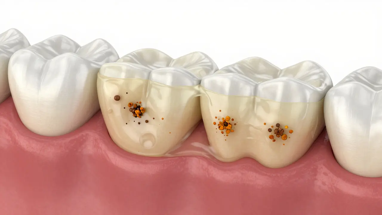 Mikroskopický pohled na zubní plak zachycující barevné pigmenty.