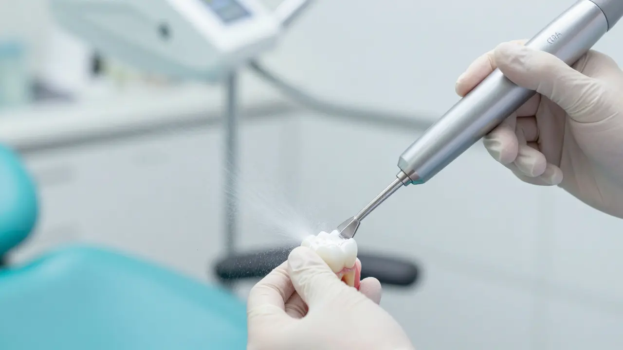 Profesionální čištění zubů metodou AirFlow v dentální hygienice.