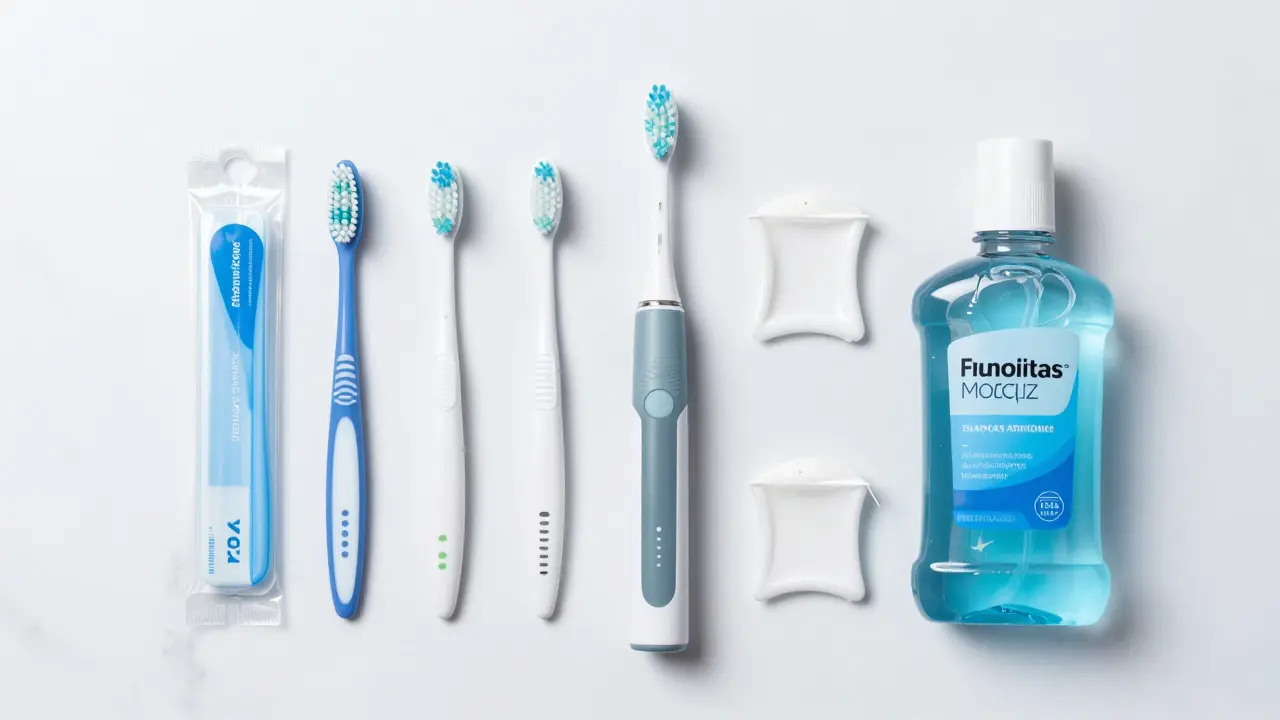 Sada pomůcek pro hygienu: elektrický kartáček, nit a mezizubní kartáčky.