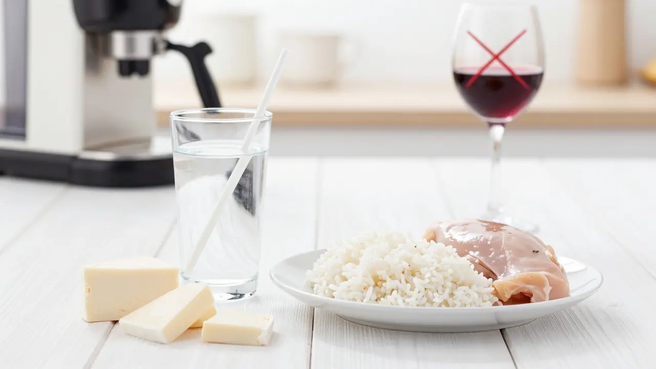 Sada potravin bílé diety včetně vody s brčkem, rýže a bílého sýra.