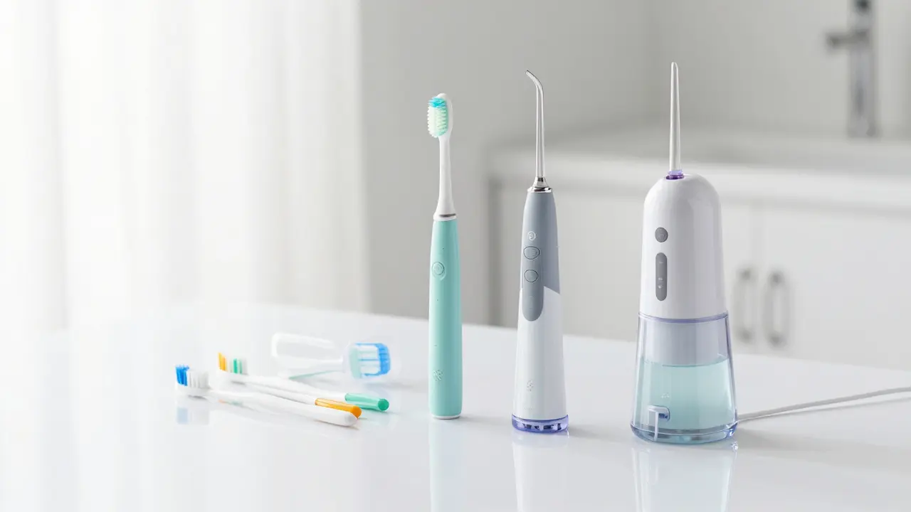 Sada pro domácí prevenci: mezizubní kartáčky a ústní irigátor.