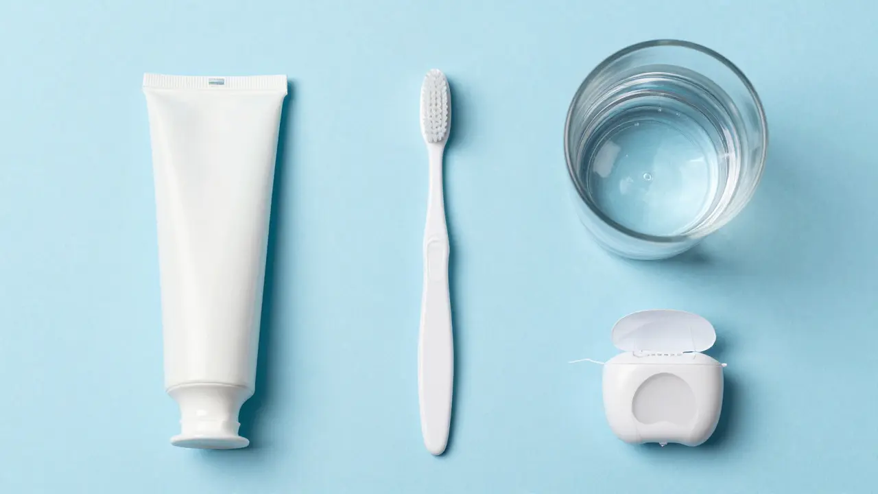 Sada pro kompletní orální hygienu včetně kartáčku, pasty a zubní nitě.